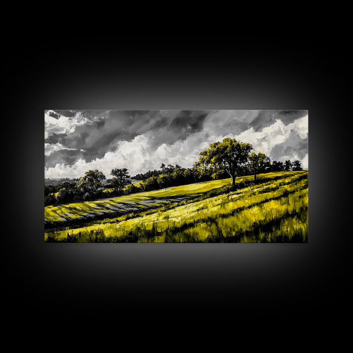 Rolling Hills Landscape, Peaceful Countryside Art, Green Field Painting, Rustic Home Decor, Framed Canvas Print, Serene Wall Accent