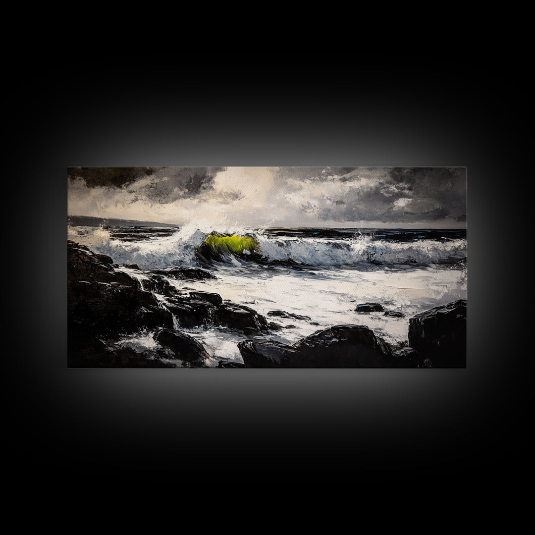 Stormy Sea, Coastal Waves, Nature Painting, Dramatic Seascape, Beach House Art, Framed Canvas Print, Living Room Decor, Ocean Landscape