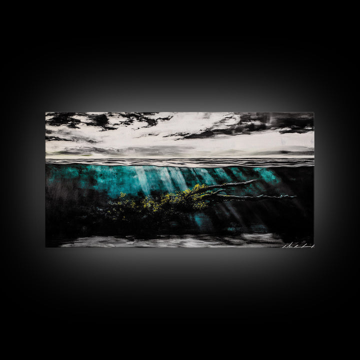 Underwater View, Ocean Depths, Abstract Seascape, Coastal Home Decor, Blue Water Art, Framed Canvas Print, Living Room Wall Art, Unique Art