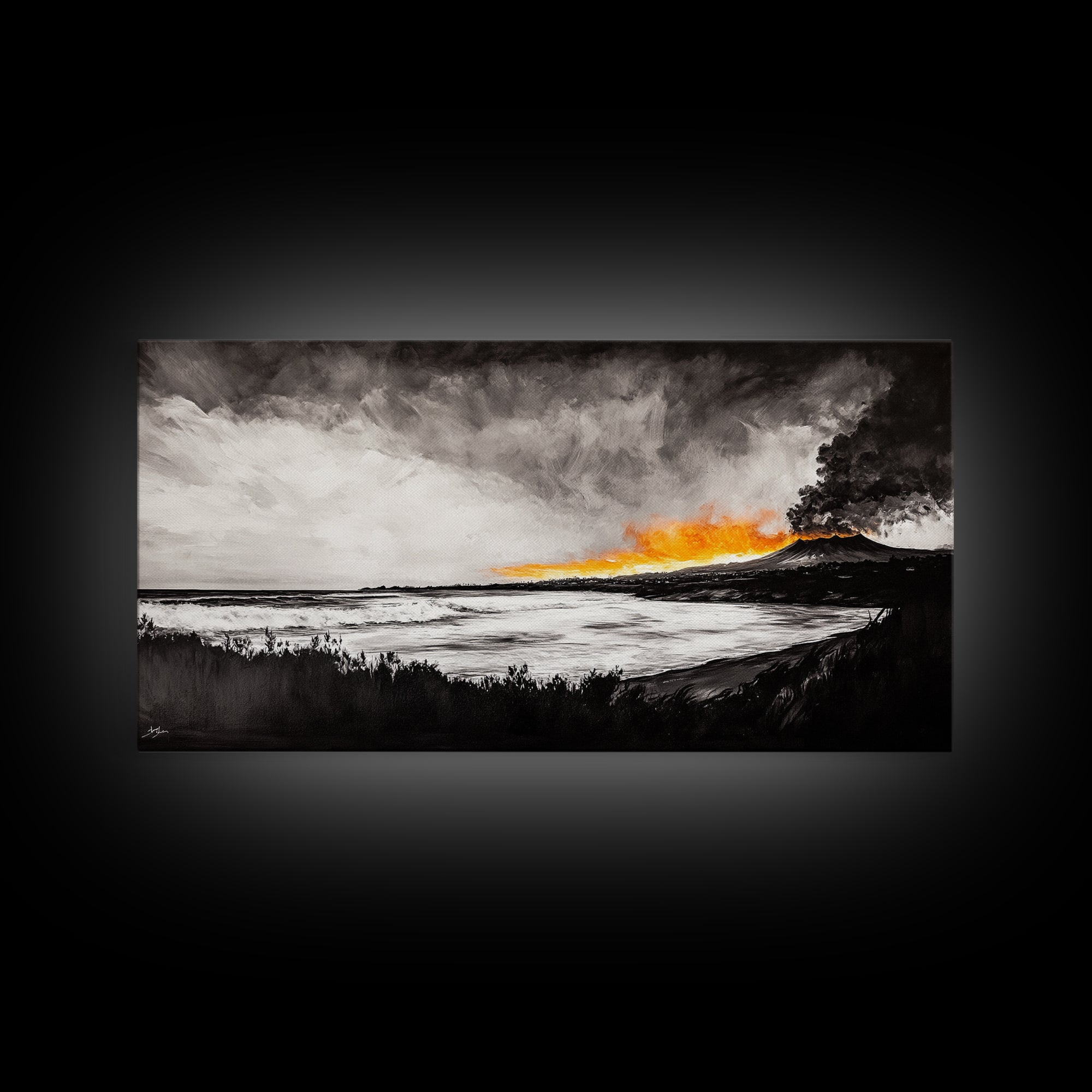 Volcano Eruption, Dramatic Landscape Art, Black and White Wall Art, Fiery Sunset Painting, Large Framed Canvas Print, Office Decor