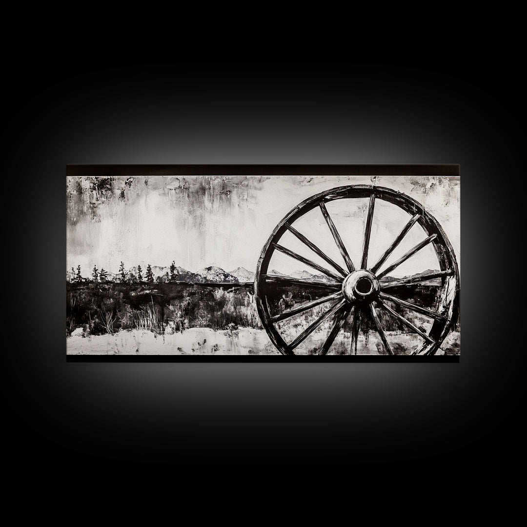 Wagon Wheel, Mountain Landscape, Black and White Western Art, Rustic Home Decor, Framed Canvas Print, Farmhouse Living Room Art