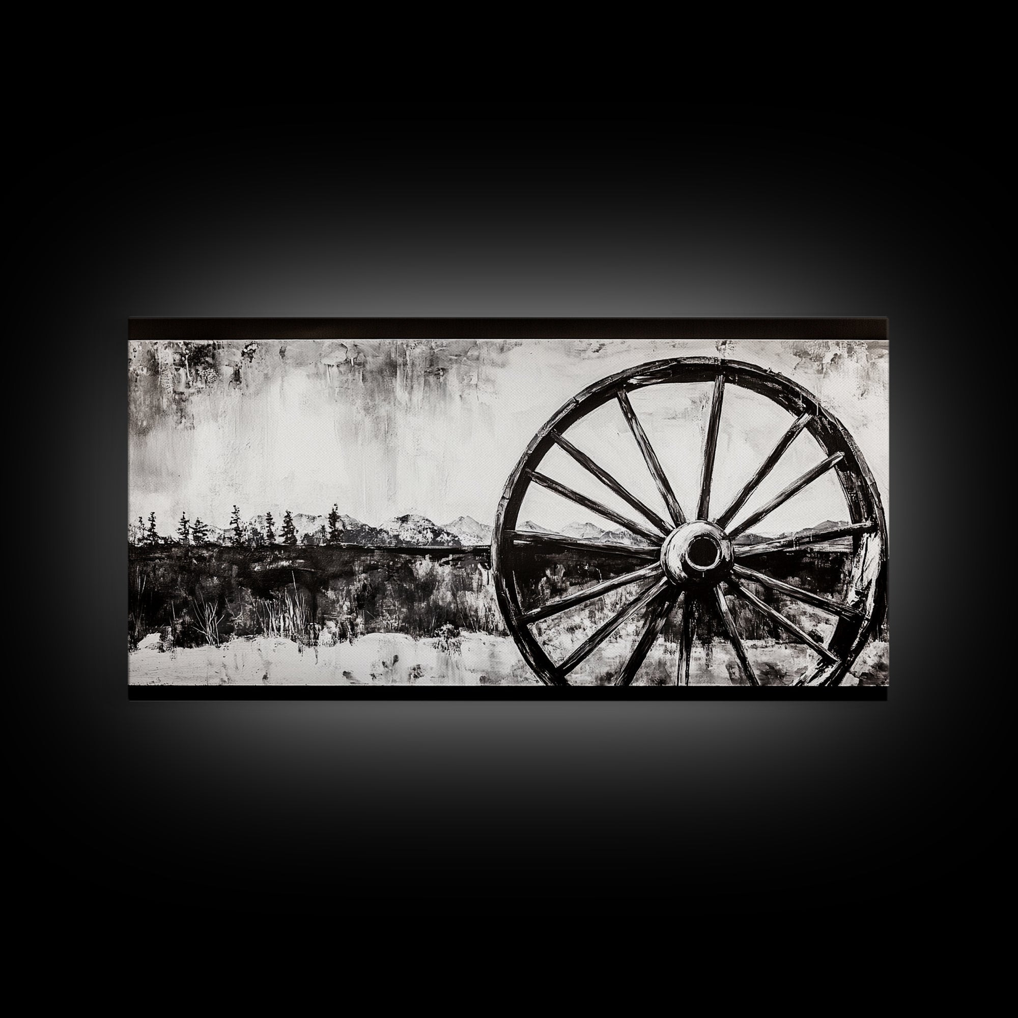 Wagon Wheel, Mountain Landscape, Black and White Western Art, Rustic Home Decor, Framed Canvas Print, Farmhouse Living Room Art