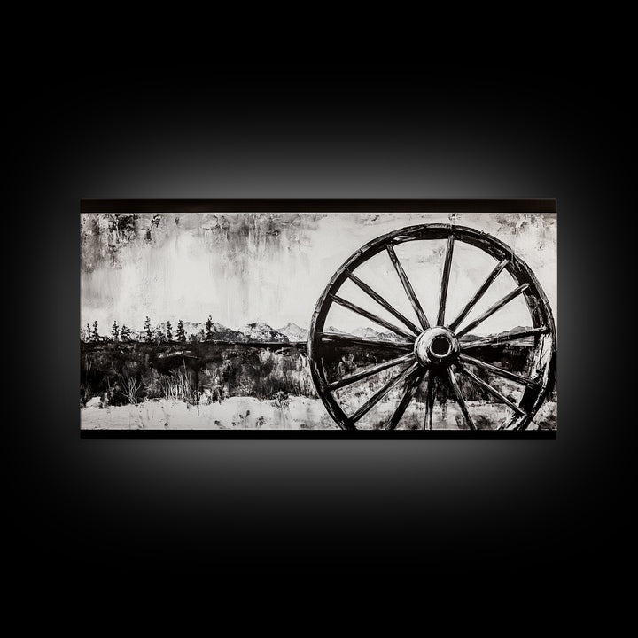 Wagon Wheel, Mountain Landscape, Black and White Western Art, Rustic Home Decor, Framed Canvas Print, Farmhouse Living Room Art