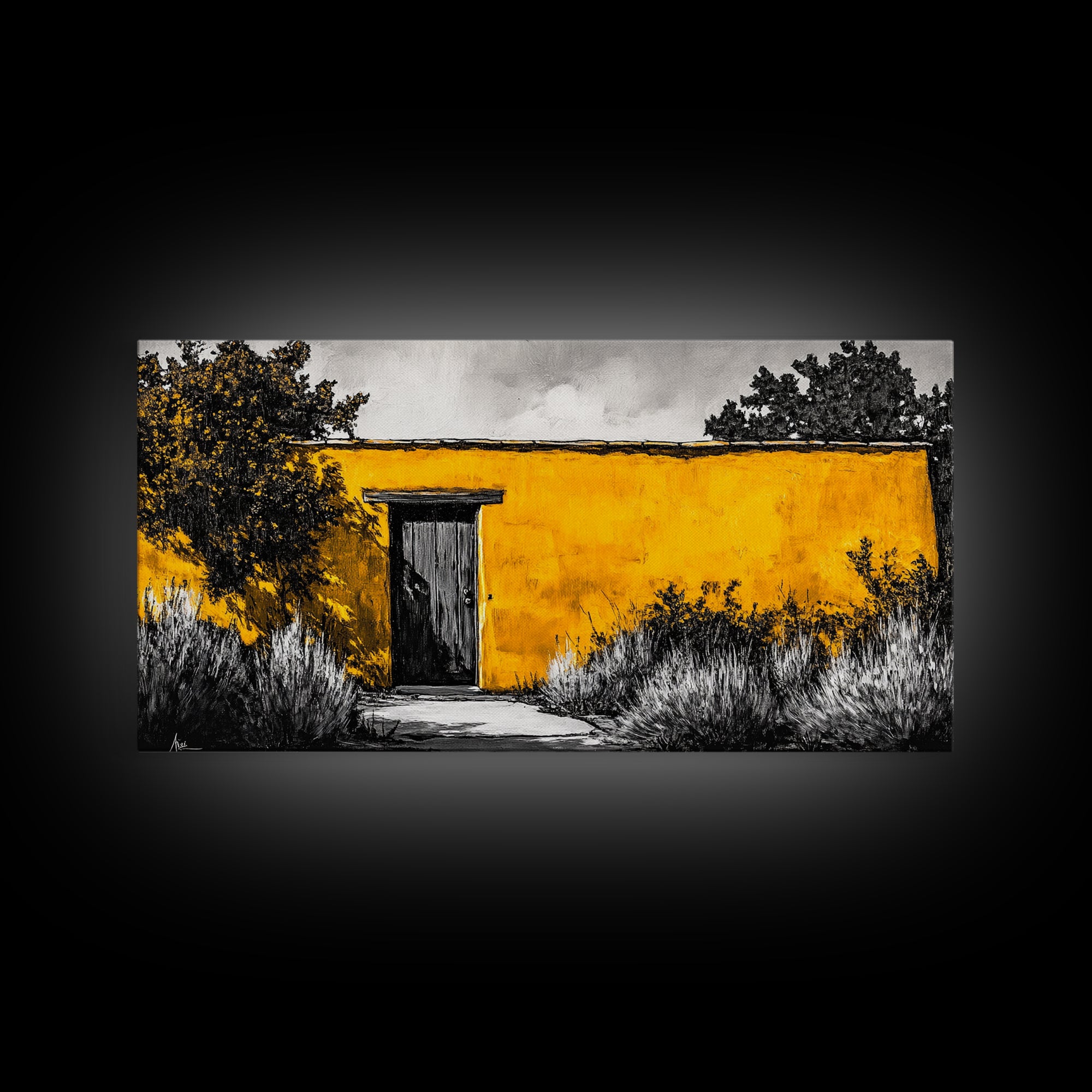 Adobe House, Southwestern Art, Yellow Wall Painting, Rustic Desert Decor, Black and White Canvas Print, Living Room Wall Art