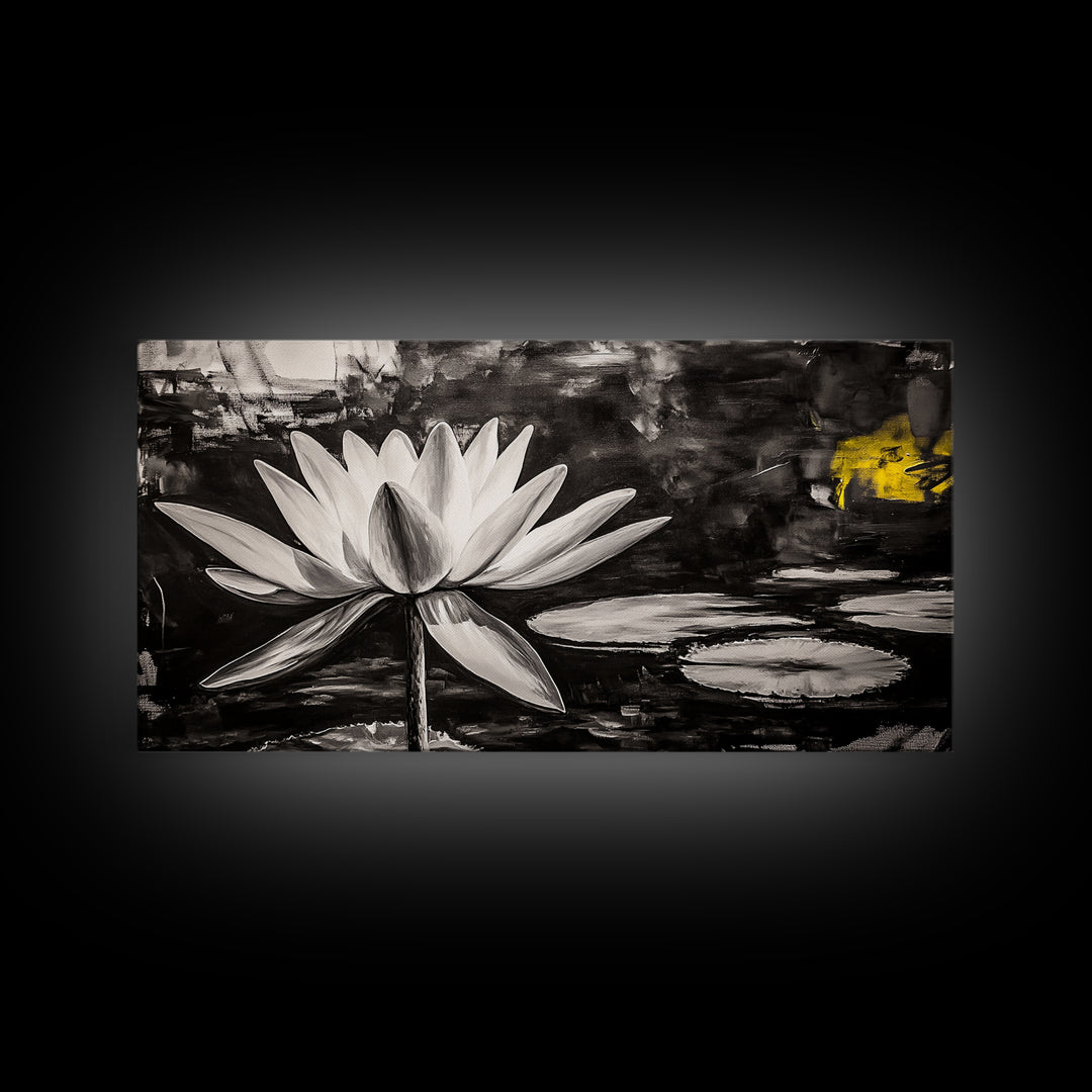 Lotus Flower, Black and White Botanical Art, Zen Wall Decor, Nature Painting, Minimalist Canvas Print, Bedroom Meditation Art