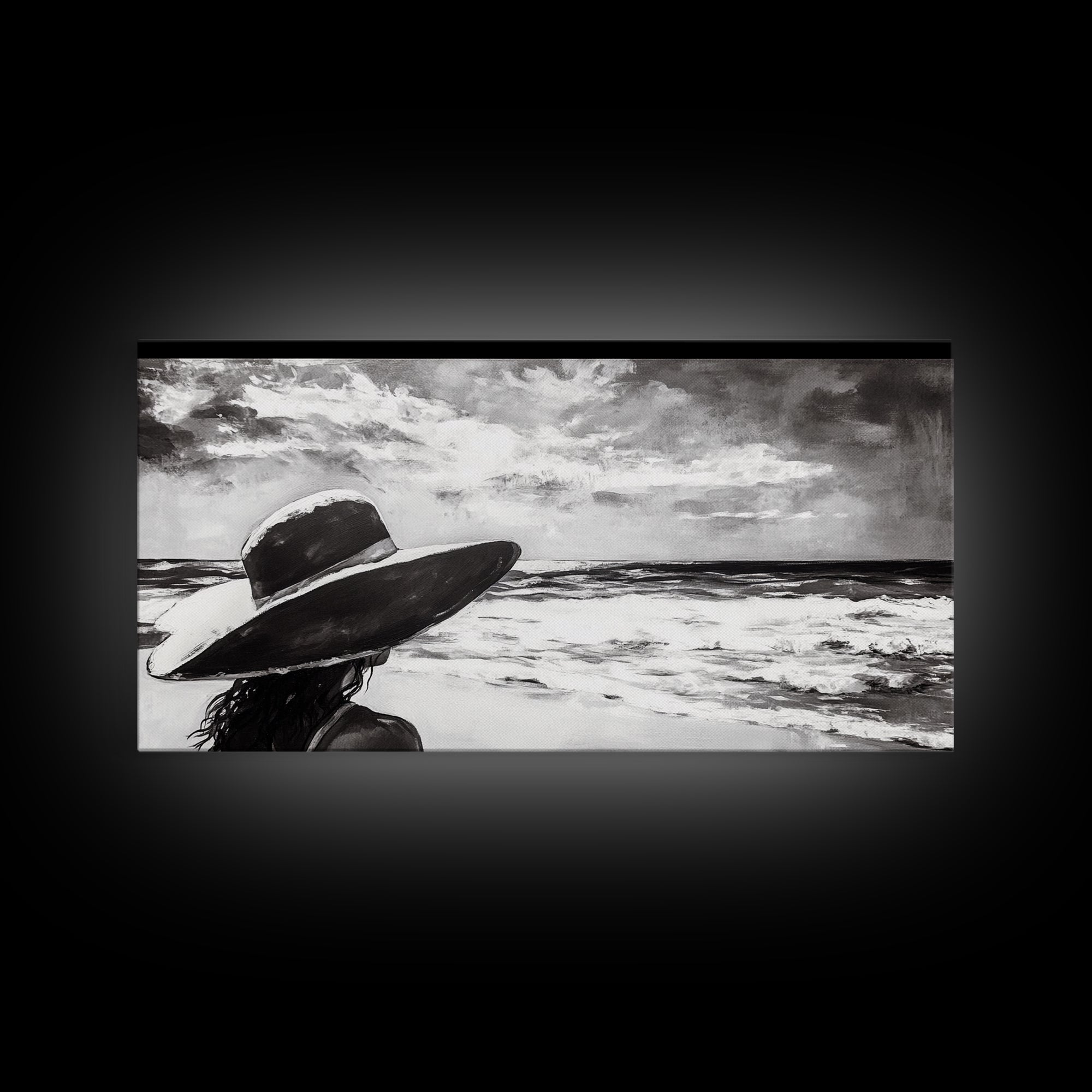 Woman at Beach, Black and White Wall Art, Minimalist Canvas Print, Modern Coastal Decor, Ocean View Art, Living Room Wall Art