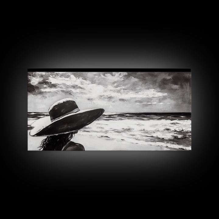 Woman at Beach, Black and White Wall Art, Minimalist Canvas Print, Modern Coastal Decor, Ocean View Art, Living Room Wall Art