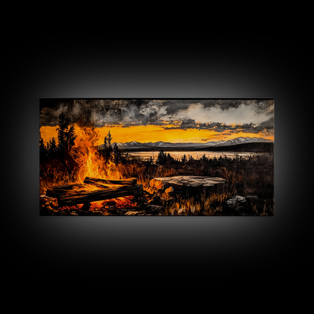 Campfire, Mountain Art, Sunset Landscape, Wilderness Print, Outdoor Wall Art, Adventure Home Decor, Cabin Wall Art, Framed Canvas Print