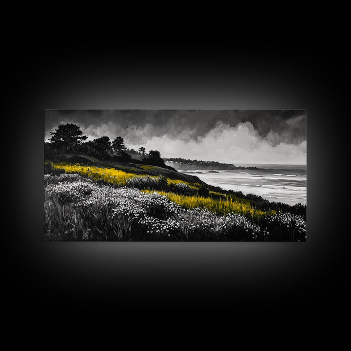 Coastal Meadow, Floral Landscape, Beach Painting, Black and White Art, Nature Wall Decor, Minimalist Art, Framed Canvas Print, Gift Idea