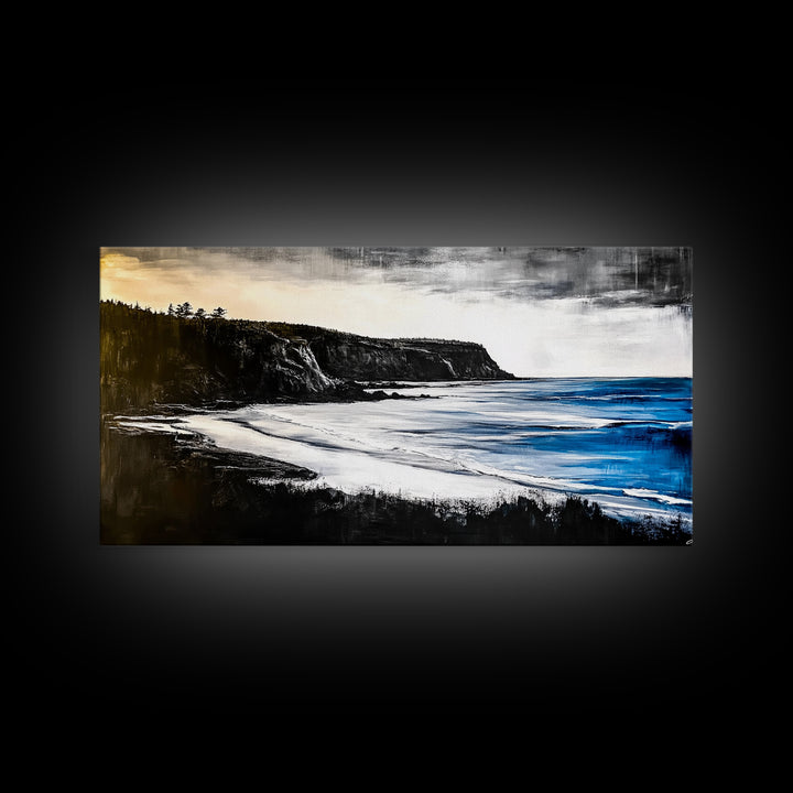 Cliffside Coast, Dramatic Seascape, Black and White Landscape, Ocean View, Modern Art, Living Room Decor, Framed Canvas Print, Coastal Home