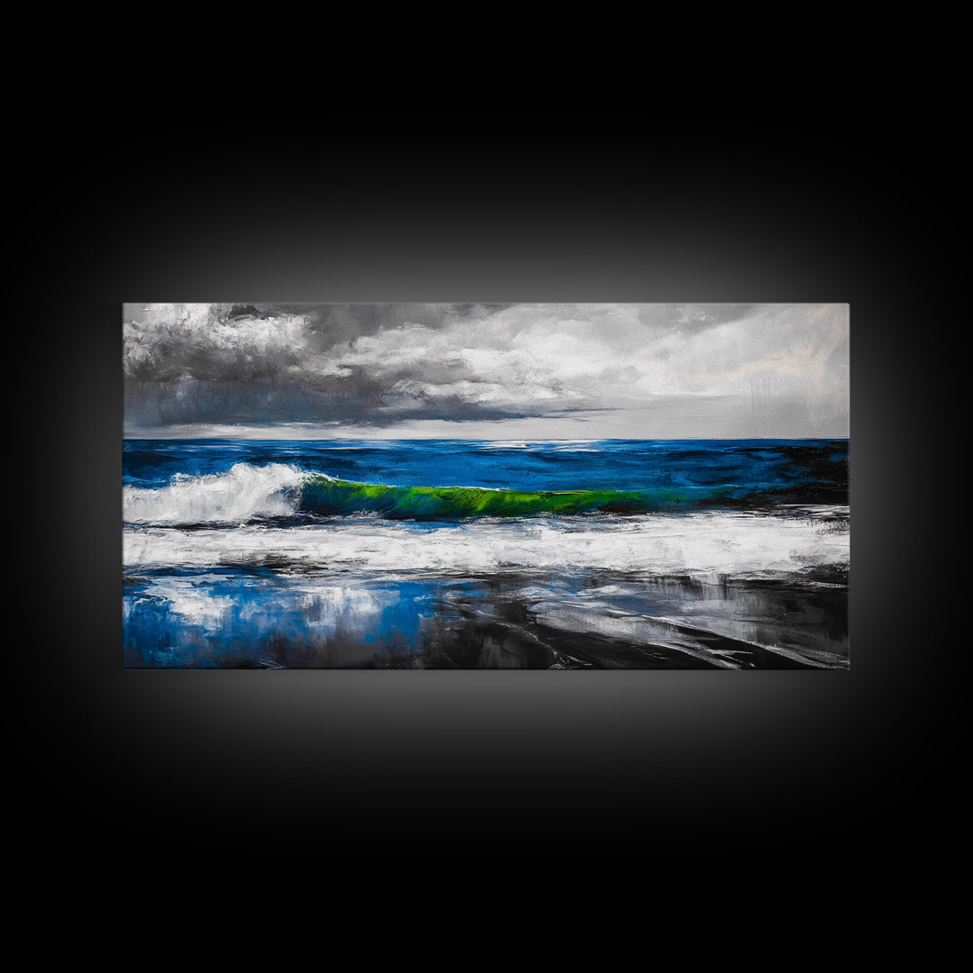 Blue Ocean, Stormy Seascape, Modern Coastal Art, Contemporary Painting, Large Beach Wall Art, Bedroom Decor, Framed Canvas Print, Gift Idea