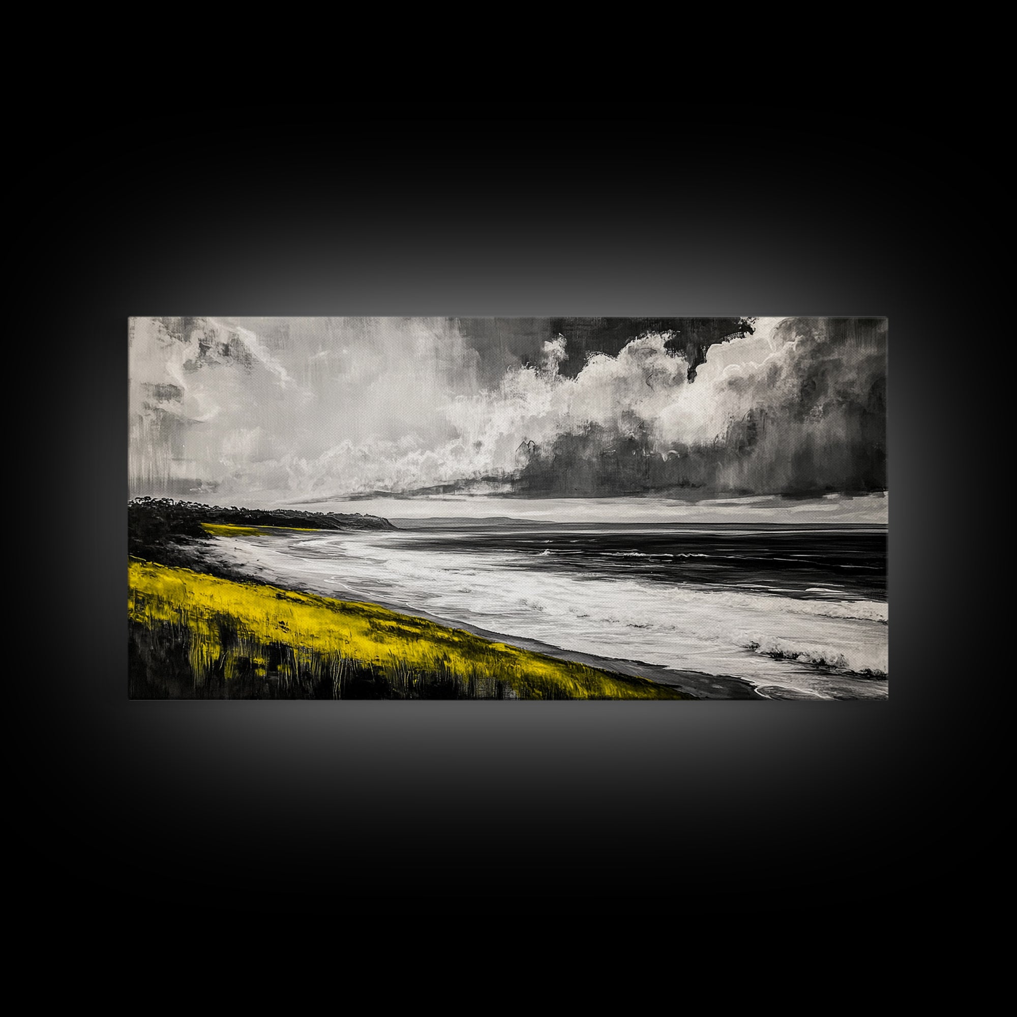 Coastal Horizon, Ocean Beach Art, Black and White Wall Decor, Dramatic Sky, Yellow Grass, Modern Landscape, Serene View, Framed Canvas Print