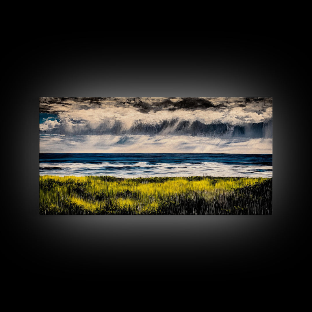Rain Over Ocean, Blue Seascape, Beach House Decor, Coastal Art, Atmospheric Painting, Nature Inspired, Office Wall Art, Framed Canvas Print