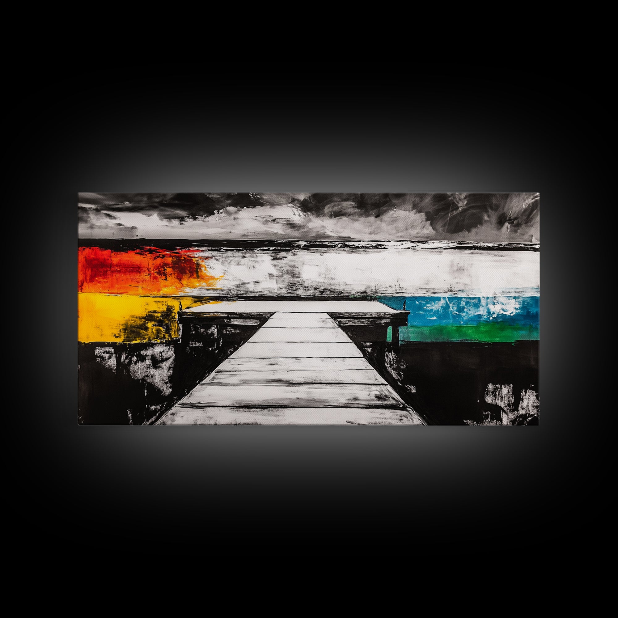 Pier to Infinity, Abstract Coastal Art, Black and White, Surreal Landscape, Minimalist Aesthetic, Nautical Decor, Framed Canvas Print