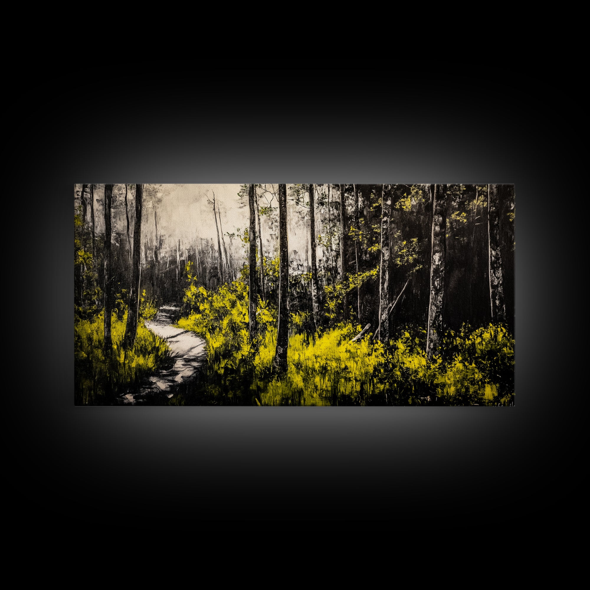 Forest Pathway, Autumn Woodland, Yellow Foliage, Moody Nature Art, Black and White, Peaceful Retreat, Cabin Wall Decor, Framed Canvas Print