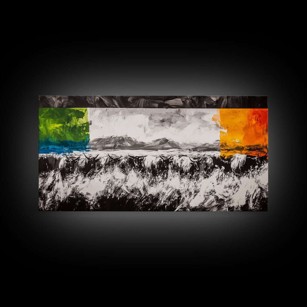 Abstract Cattle, Western Art, Colorful Farm Scene, Framed Canvas Print, Modern Ranch Wall Decor, Farmhouse Style, Rustic Artwork