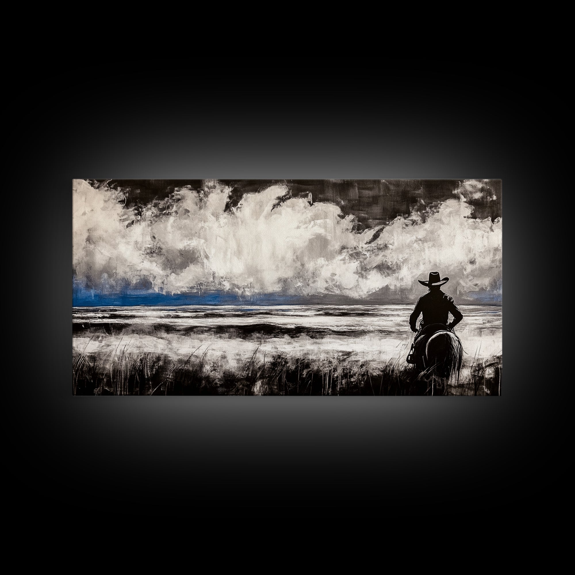 Cowboy Horizon, Western Landscape, Rustic Horse Rider, Framed Canvas Print, Southwestern Home Decor, Black and White Wall Art