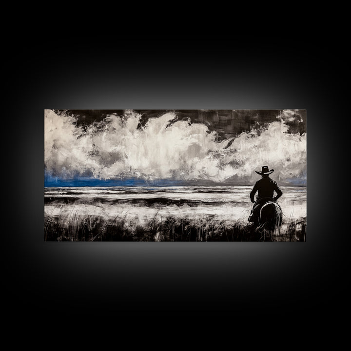 Cowboy Horizon, Western Landscape, Rustic Horse Rider, Framed Canvas Print, Southwestern Home Decor, Black and White Wall Art