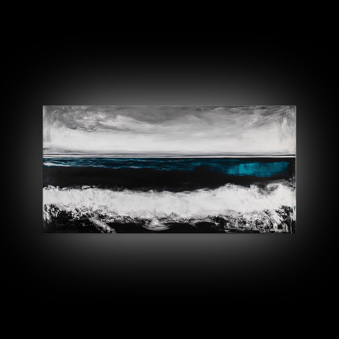 Ocean Horizon, Moody Seascape, Black and White Waves, Framed Canvas Print, Modern Coastal Wall Art, Beach House Decor, Minimalist Art