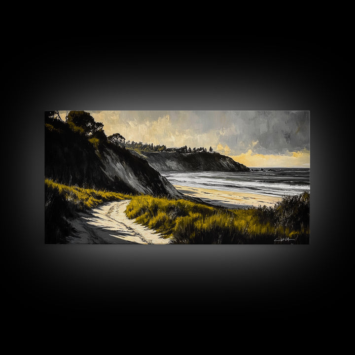 Coastal Path, Ocean View, Beach Sunset, Framed Canvas Print, Modern Wall Art, Landscape Painting, Living Room Art, Nautical Decor