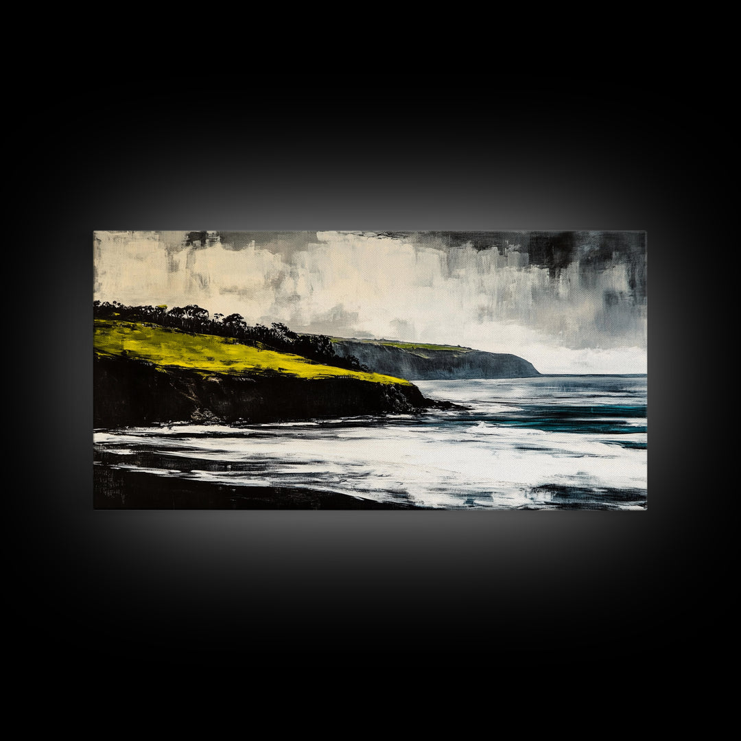 Ocean Cliffs, Misty Coastline, Stormy Sea, Canvas Print, Moody Seascape Art, Living Room Decor, Minimalist Wall Art, Nature Painting