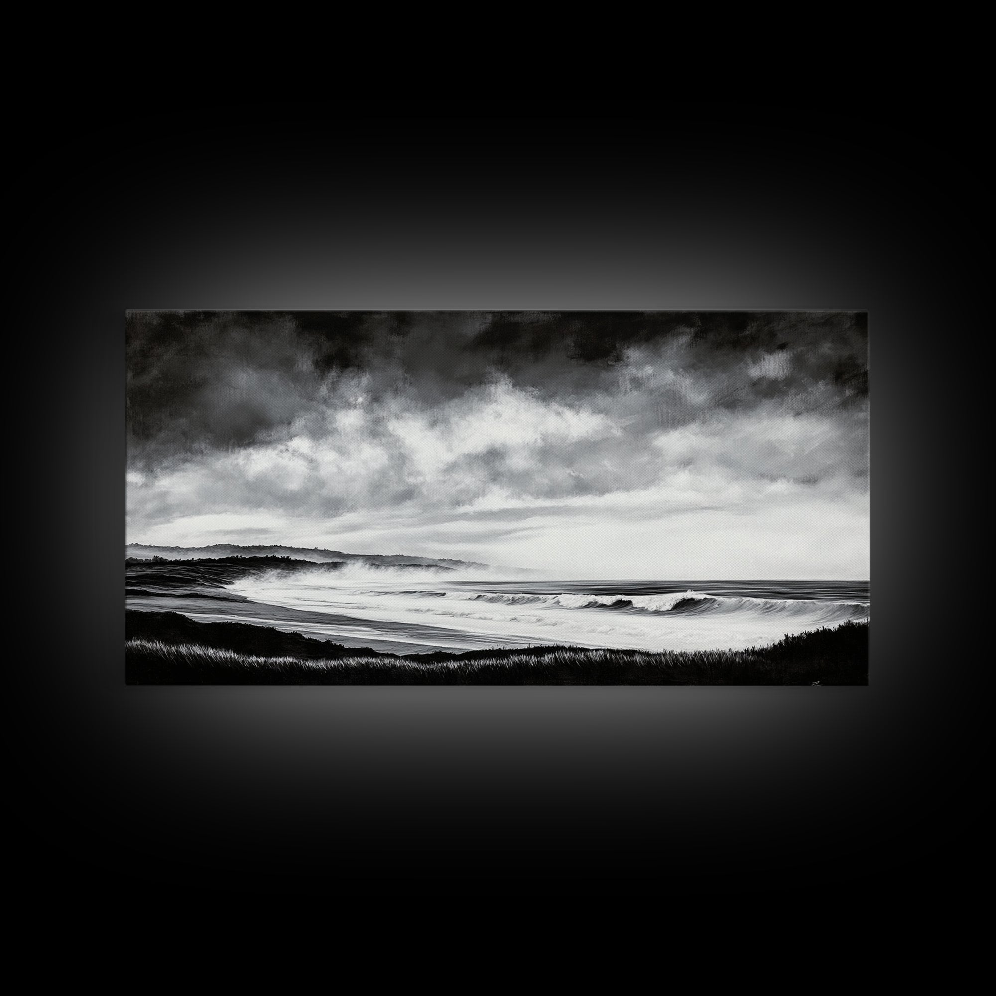 Black and White Beach, Moody Sky, Stormy Waves, Framed Canvas Print, Minimalist Wall Art, Modern Home Decor, Nautical Landscape