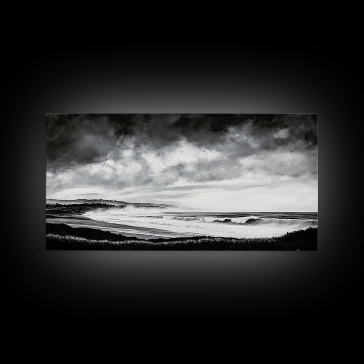 Black and White Beach, Moody Sky, Stormy Waves, Framed Canvas Print, Minimalist Wall Art, Modern Home Decor, Nautical Landscape