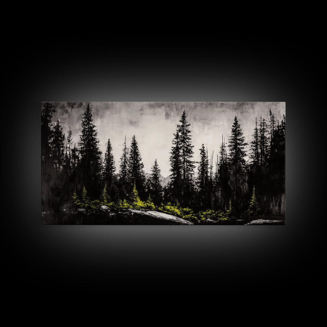Black Forest, Dark Landscape, Modern Wall Art, Minimalist Nature, Moody Trees, Framed Canvas Print, Living Room Decor, Rustic Cabin Art