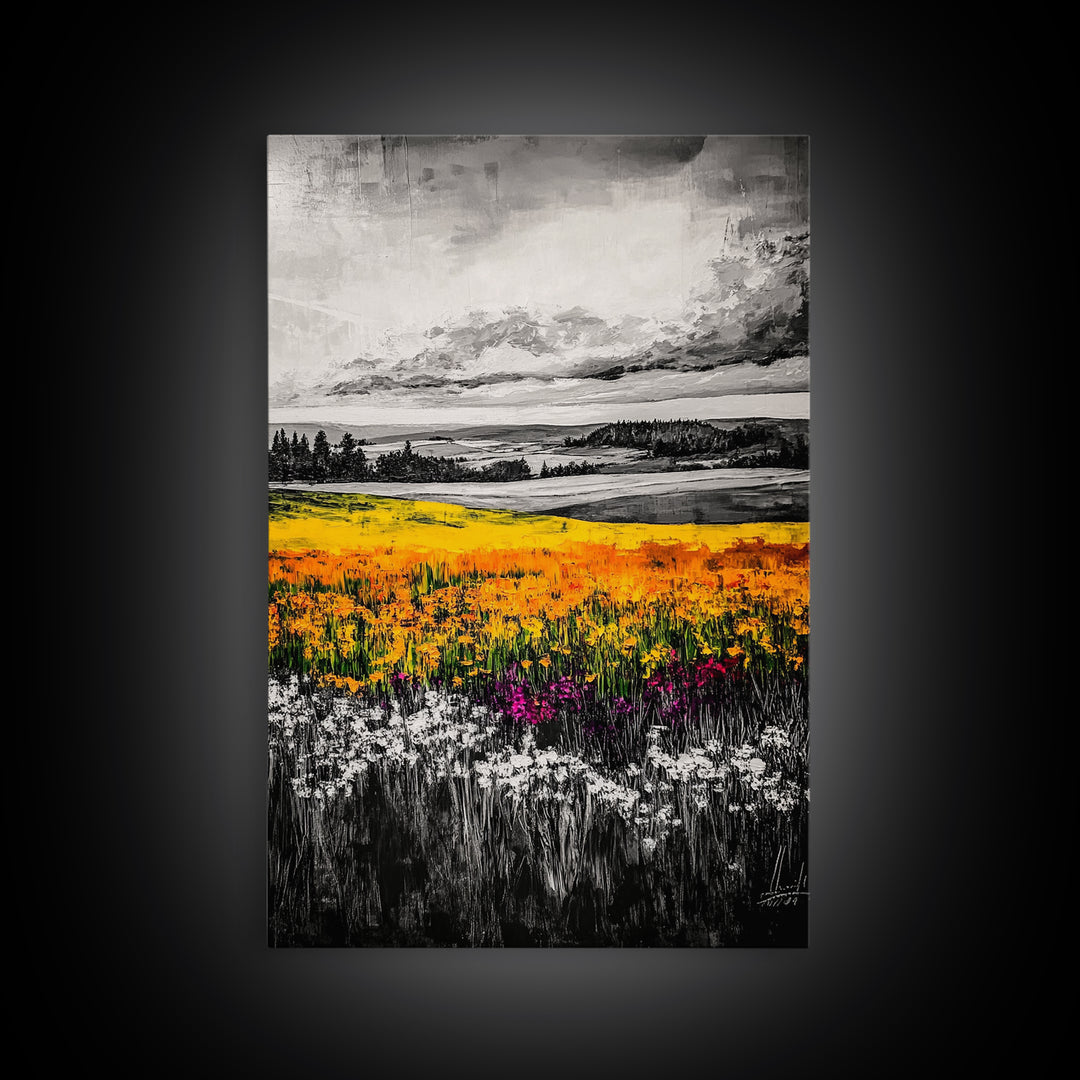 Black White Landscape, Yellow Wildflower Field, Nature Wall Art, Rustic Farmhouse Art, Country Home Decor, Office Art, Framed Canvas Print