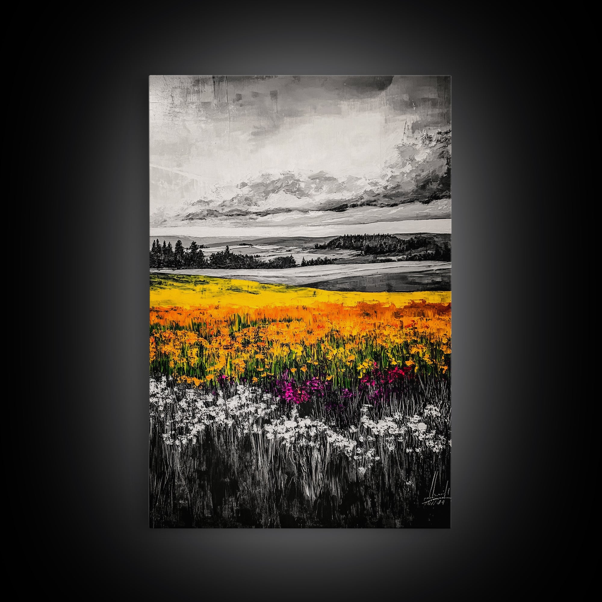 Black White Landscape, Yellow Wildflower Field, Nature Wall Art, Rustic Farmhouse Art, Country Home Decor, Office Art, Framed Canvas Print