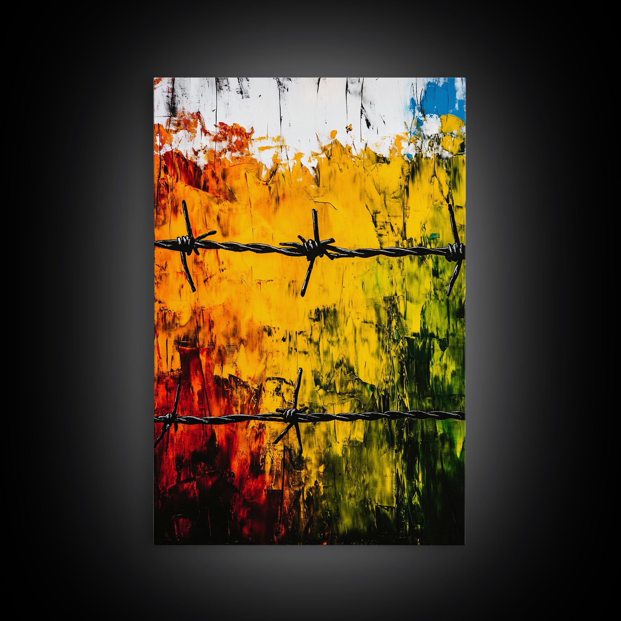 Barbed Wire Wall Art, Red Yellow Green, Bold Abstract Painting, Modern Industrial Decor, Statement Piece, Office Wall Art, Canvas Print