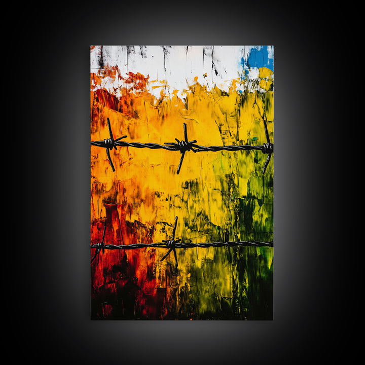 Barbed Wire Wall Art, Red Yellow Green, Bold Abstract Painting, Modern Industrial Decor, Statement Piece, Office Wall Art, Canvas Print