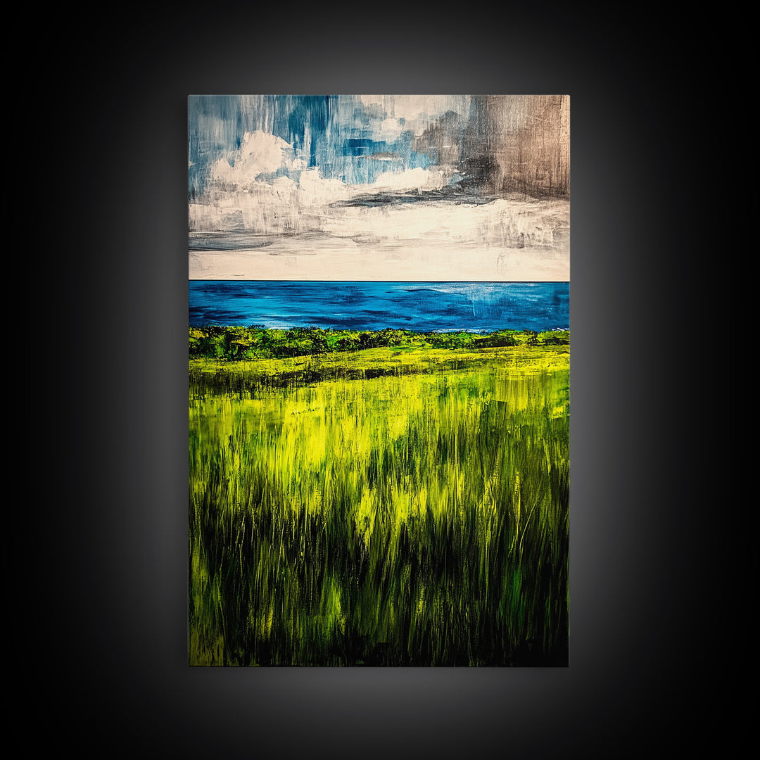 Coastal Landscape, Ocean View, Green Fields, Framed Canvas Print, Serene Wall Art, Nature Inspired, Tranquil Beach Decor, Modern Art