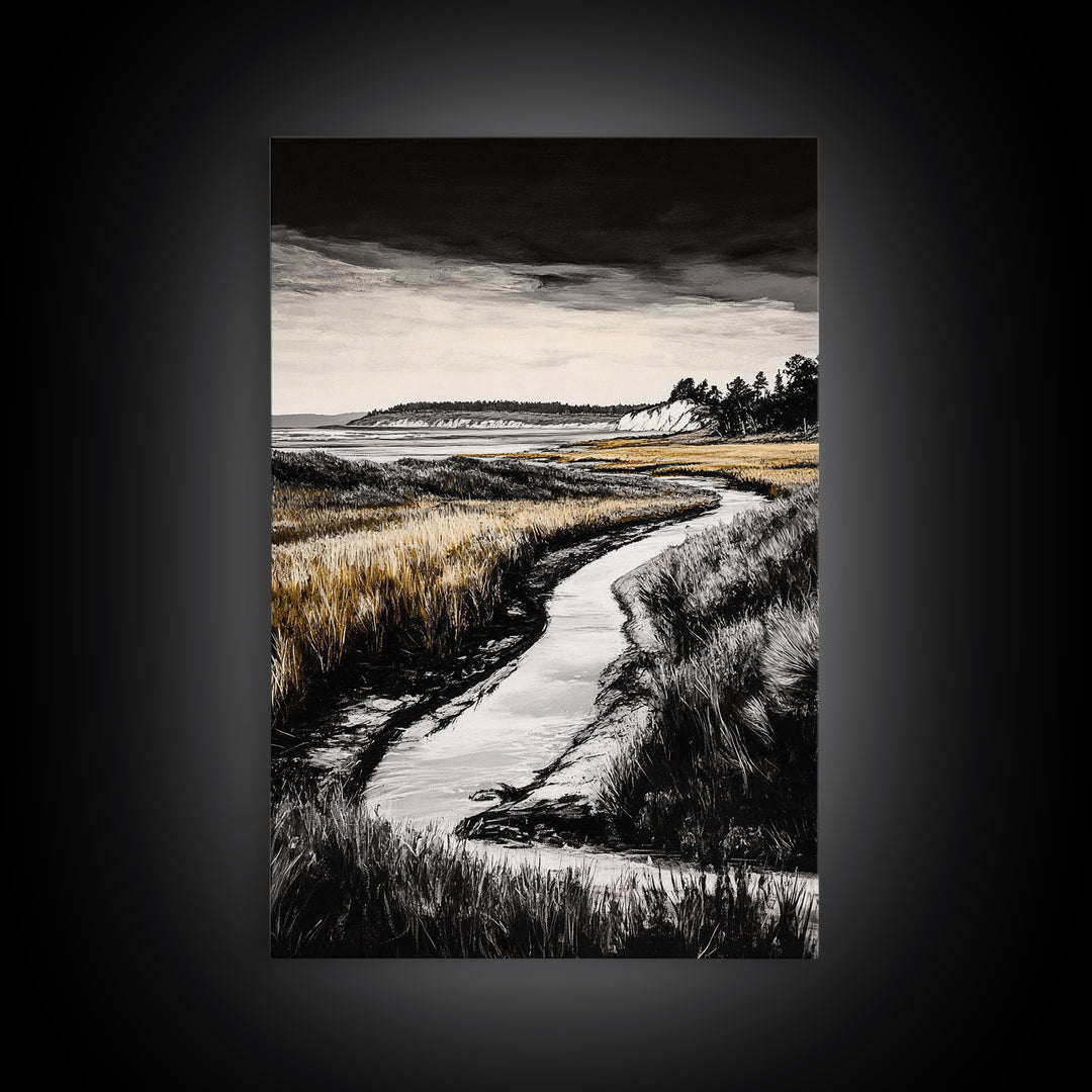 Coastal Landscape, Black and White, Framed Canvas Print, Nature Wall Art, Living Room Decor, Modern Farmhouse Art, Neutral Tones