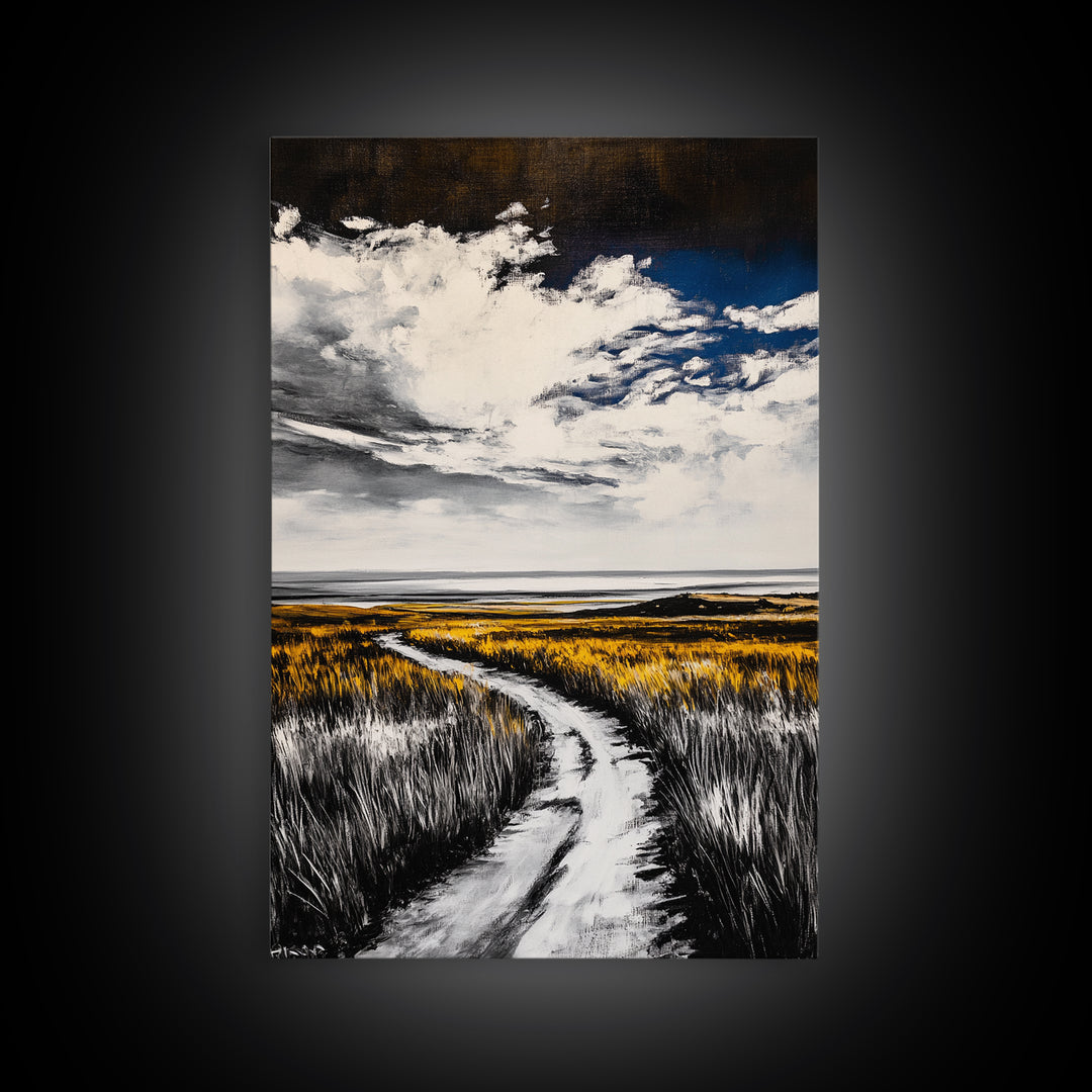 Pathway, Open Fields, Framed Canvas Print, Rustic Landscape, Countryside Decor, Farmhouse Wall Art, Neutral Tones, Home Gift Idea