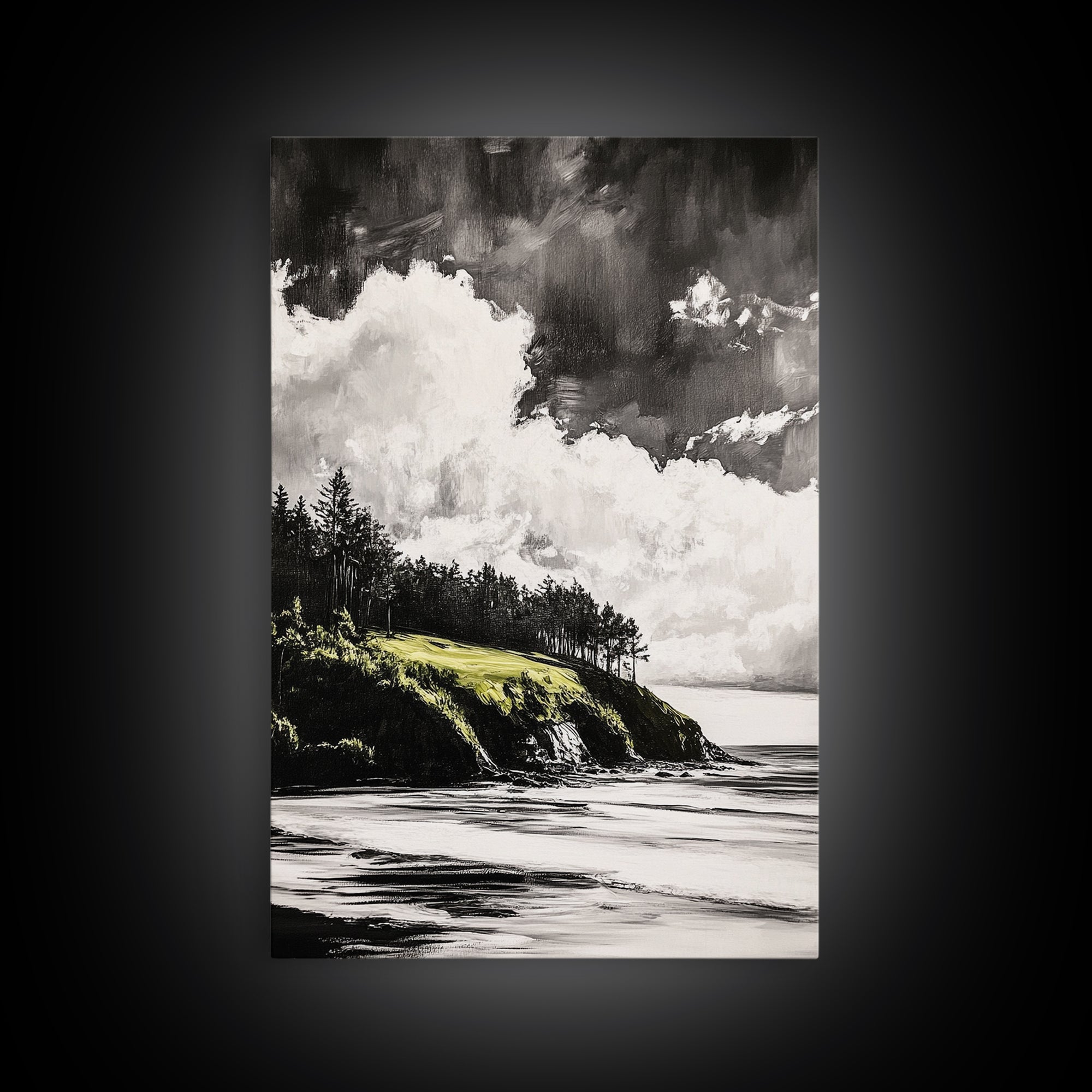 Coastal Cliffs, Black and White Landscape, Moody Sky Painting, Rustic Nature Wall Art, Office Decor, Framed Canvas Print