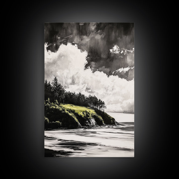 Coastal Cliffs, Black and White Landscape, Moody Sky Painting, Rustic Nature Wall Art, Office Decor, Framed Canvas Print