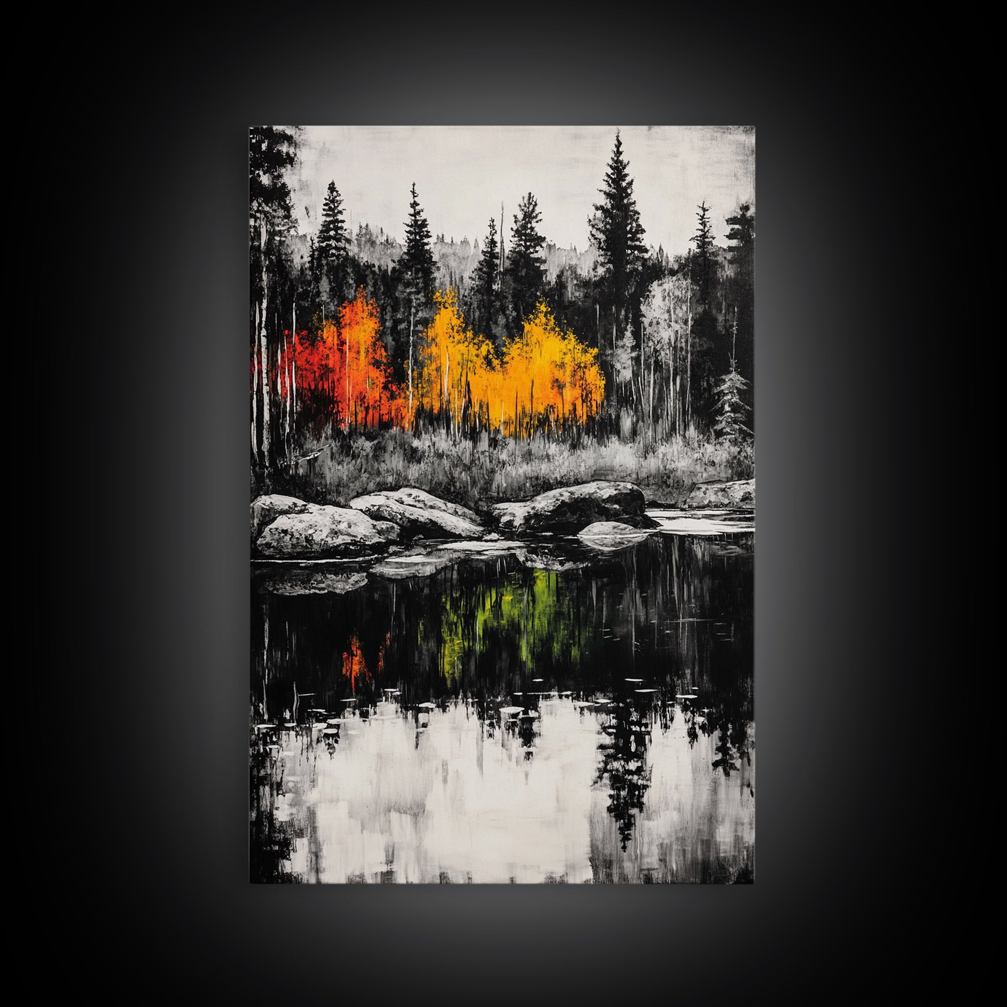 Autumn Reflection, Fall Forest Art, Lake Landscape, Vibrant Trees, Seasonal Painting, Warm Home Decor, Canvas Print