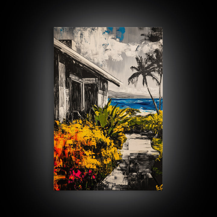 Beach House Path, Black White Coastal Art, Yellow Green Foliage, Tropical Landscape, Ocean Wall Decor, Beach Home, Framed Canvas Print