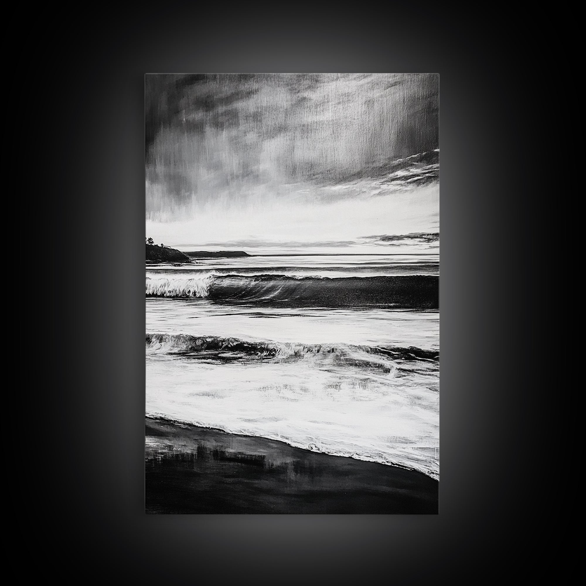Black and White Waves, Ocean Painting, Dramatic Coastline, Minimalist Art, Framed Canvas Print, Modern Seascape, Contemporary Wall Art