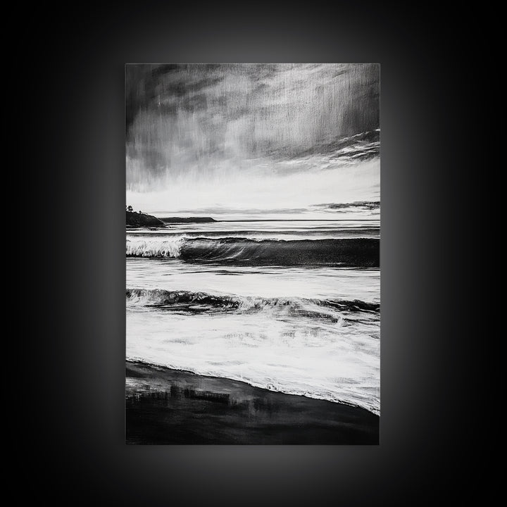 Black and White Waves, Ocean Painting, Dramatic Coastline, Minimalist Art, Framed Canvas Print, Modern Seascape, Contemporary Wall Art