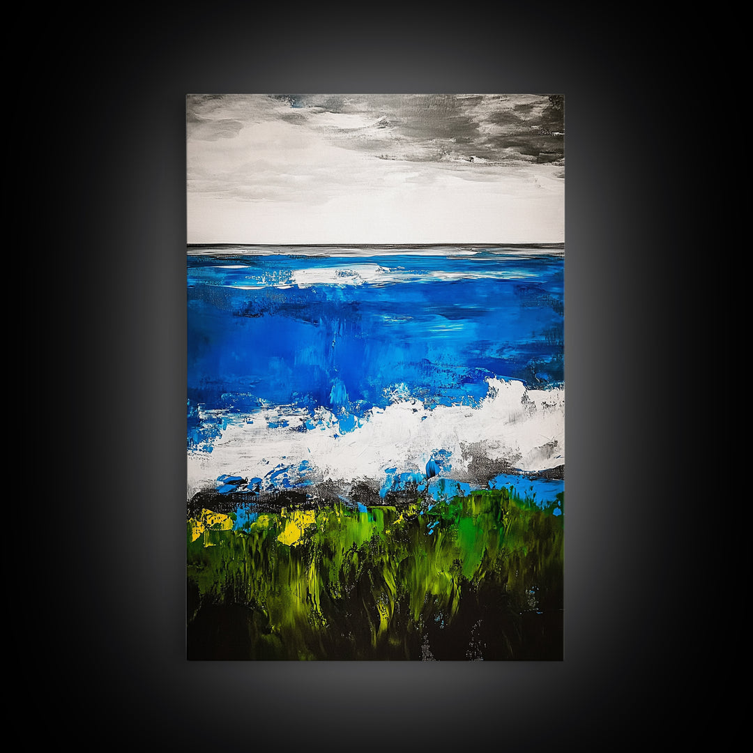 Abstract Ocean View, Blue Green Black White, Coastal Wall Art, Modern Beach Home Decor, Bold Statement Painting, Office Art, Canvas Print