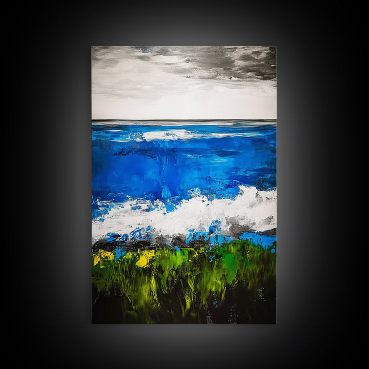 Abstract Ocean View, Blue Green Black White, Coastal Wall Art, Modern Beach Home Decor, Bold Statement Painting, Office Art, Canvas Print