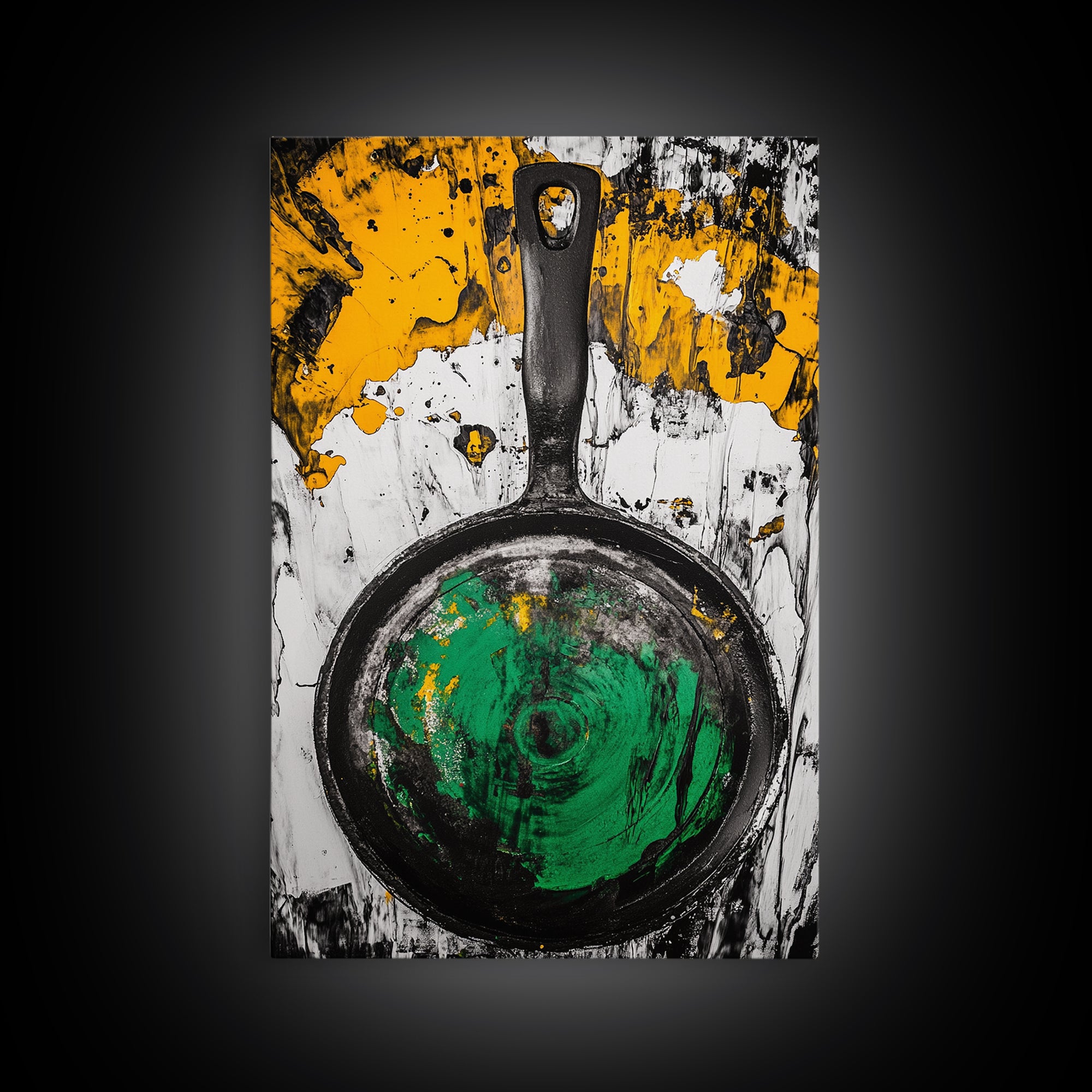 Abstract Frying Pan, Rustic Kitchen Art, Modern Industrial Wall Decor, Black Yellow Green Art, Unique Foodie Gift, Canvas Print