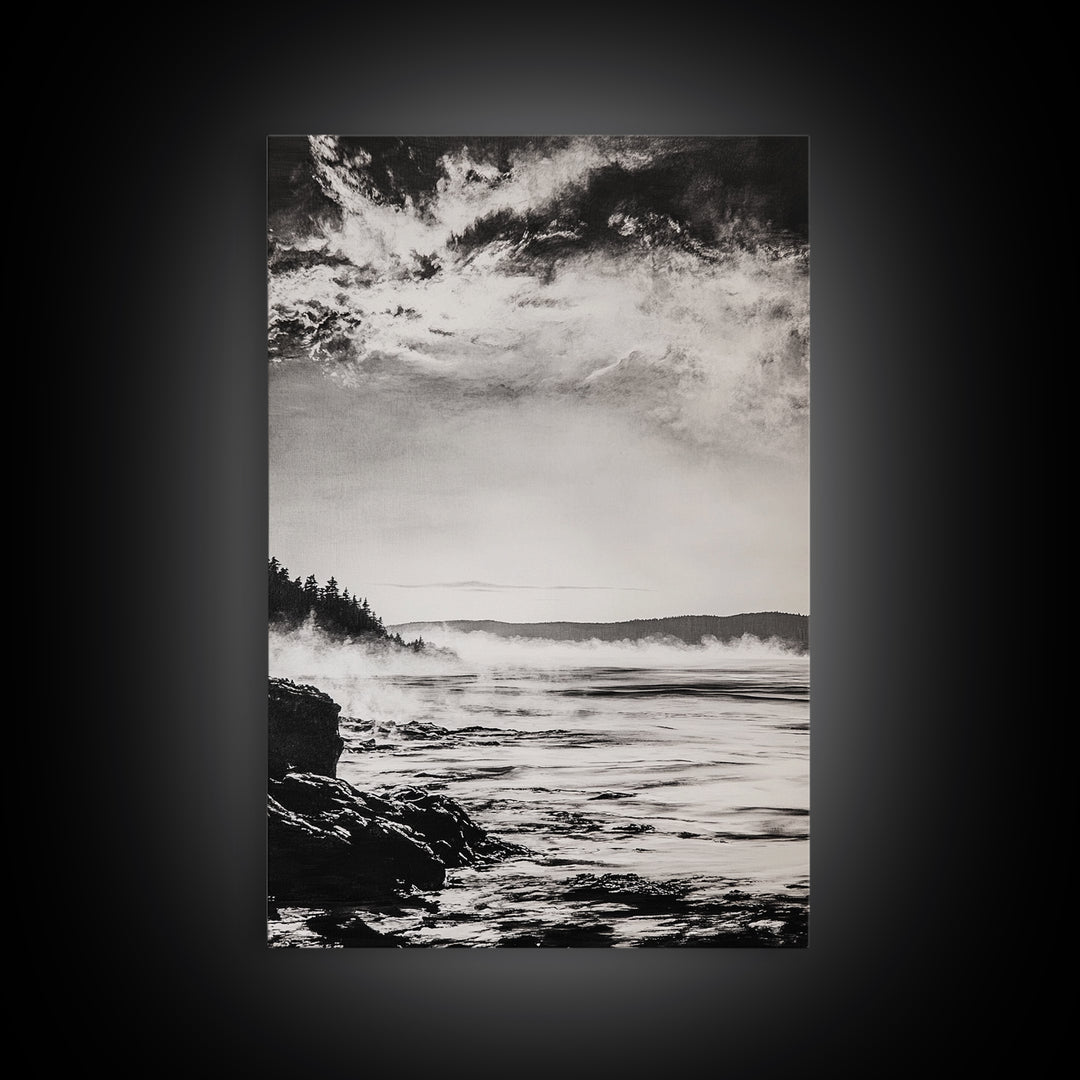 Coastal Mist, Moody Seascape, Black and White Ocean, Nautical Wall Art, Minimalist Decor, Living Room Art, Canvas Print, Gift Idea