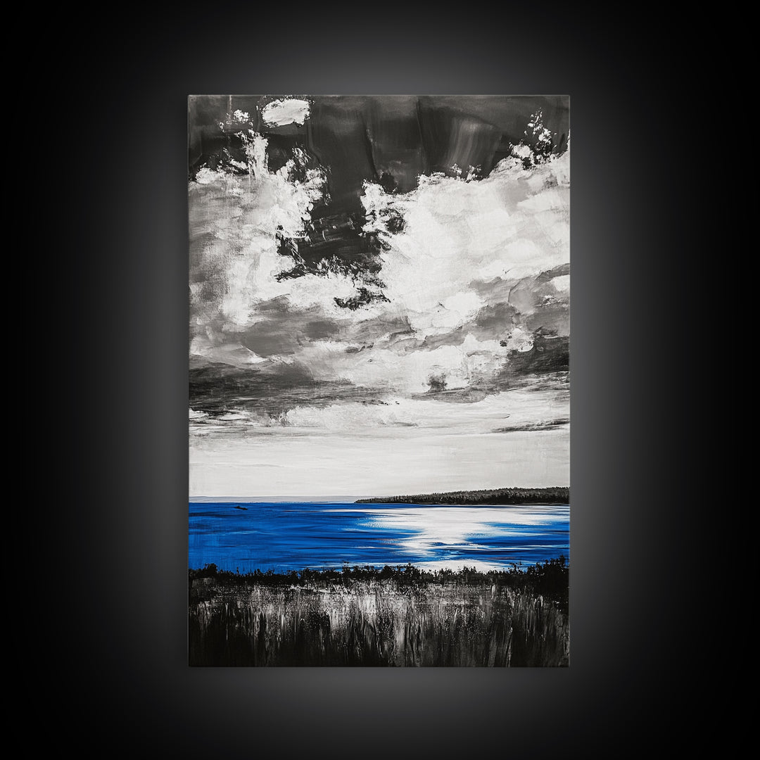 Blue Horizon, Ocean Landscape, Coastal Wall Art, Black and White Sky, Beach House Decor, Modern Art, Framed Canvas Print, Tranquil Design