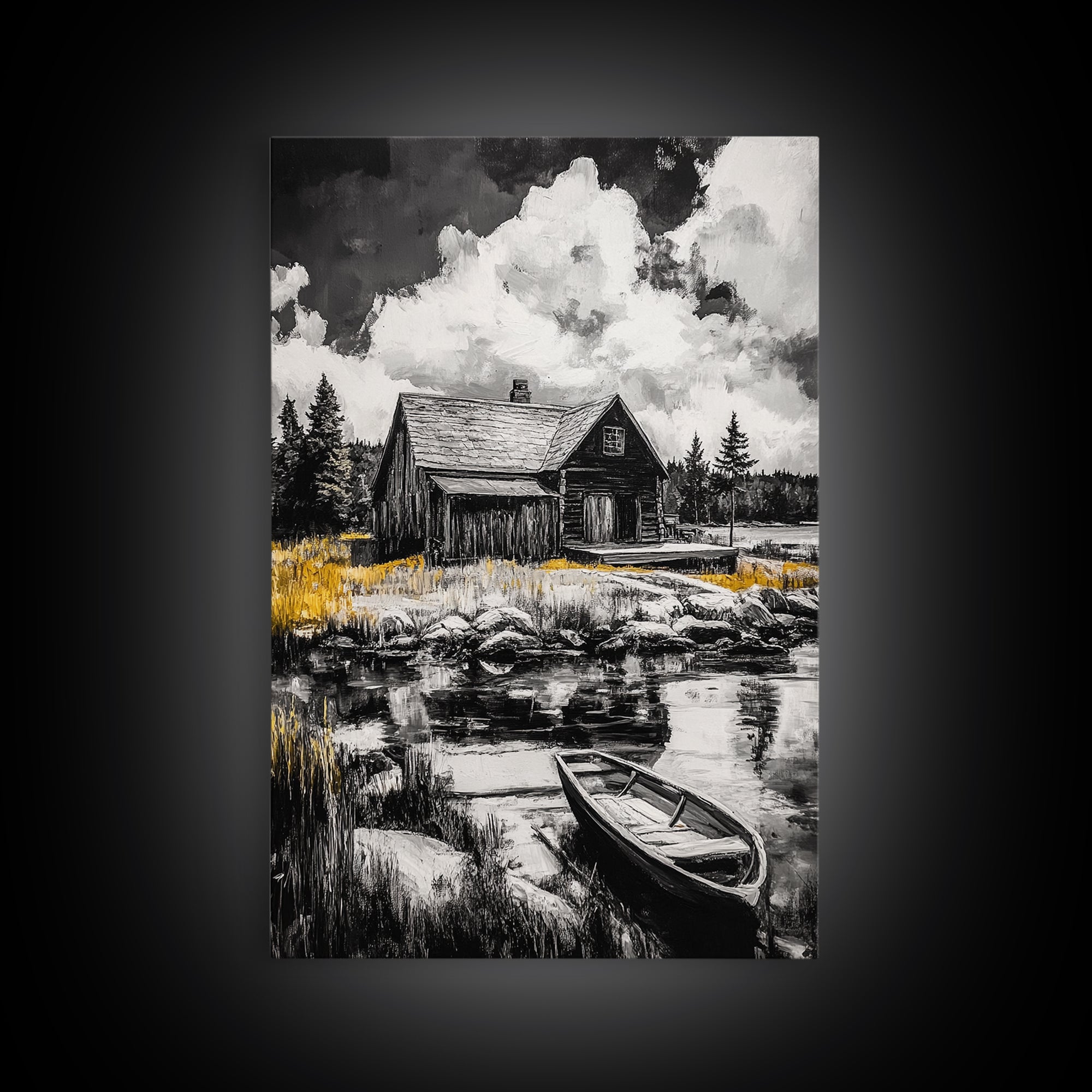 Cabin Reflection, Rustic Home Art, Log House Painting, Tranquil Lake, Country Home Wall Decor, Framed Canvas Print, Nature Lover Gift