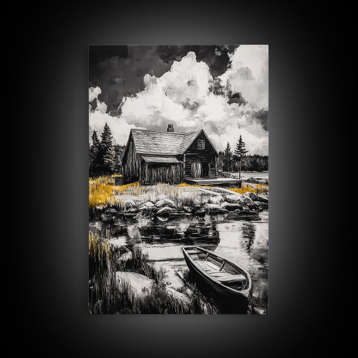 Cabin Reflection, Rustic Home Art, Log House Painting, Tranquil Lake, Country Home Wall Decor, Framed Canvas Print, Nature Lover Gift