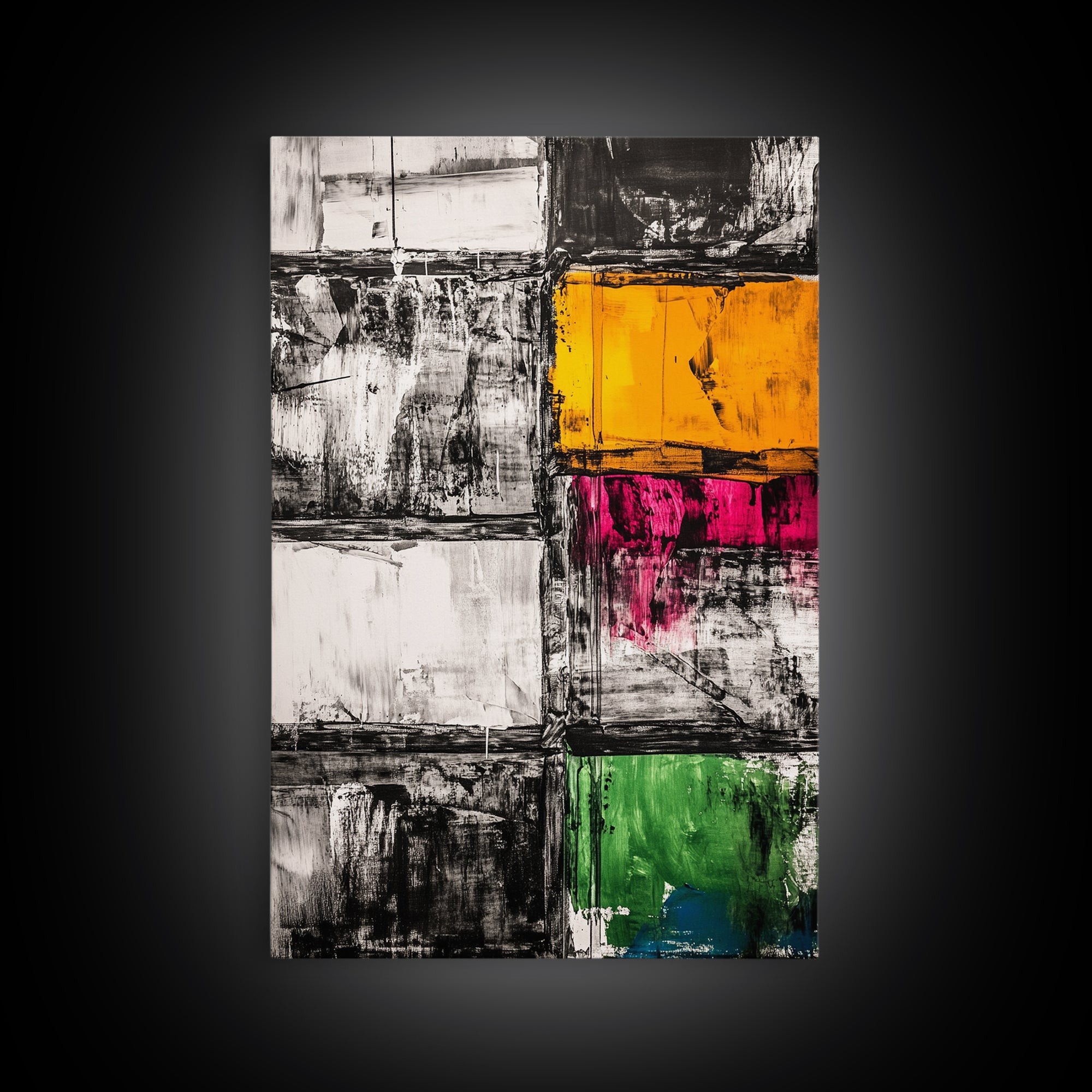 Abstract Modern Art, Black White Geometric, Yellow Red Green Blocks, Minimalist Wall Decor, Office Art, Mid Century Style, Canvas Print