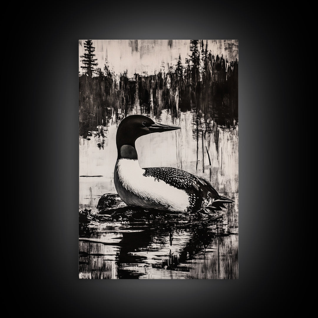 Loon, Lake Reflection, Nature Wall Art, Framed Canvas Print, Black and White Art, Minimalist Decor, Cabin Wall Art, Rustic Home